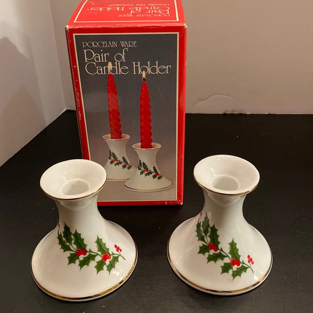 Porcelain Ware Christmas Holly gold color trim 2  pillar candle stick holders